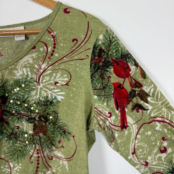 Collections Etc Winter Cardinal Birds Top Sz Large Front Back Sequins Christmas - Picture 5 of 8